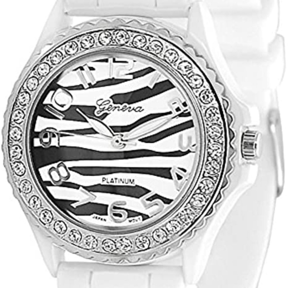 GP 7885 Designs Women's Rhinestone White Stripe Silicone Watch